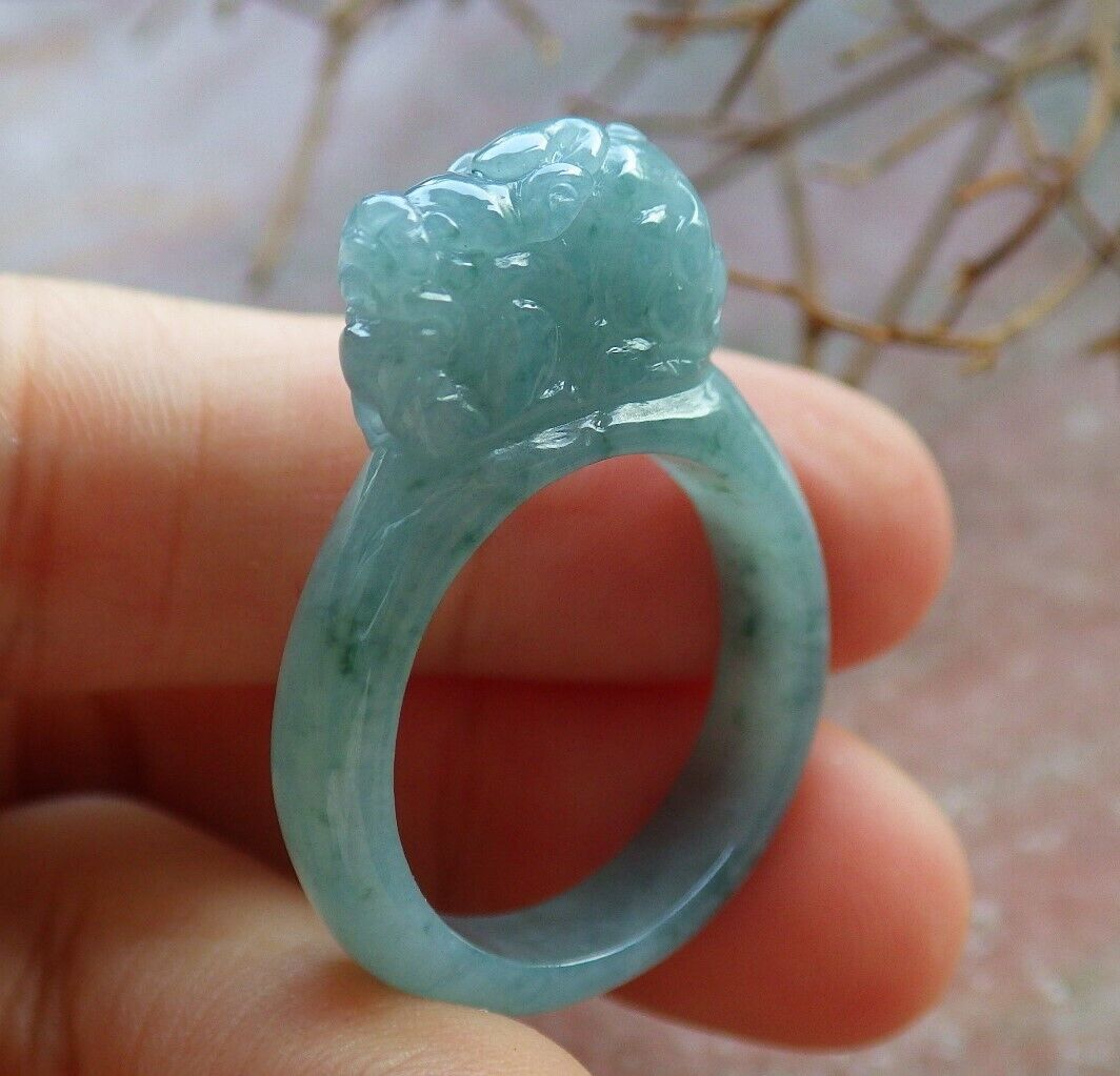 Certified Icy Green 100% Natural A JADE Jadeite Dragon Pi Xiu RING USA. 9 风水貔貅戒指 530081  TN