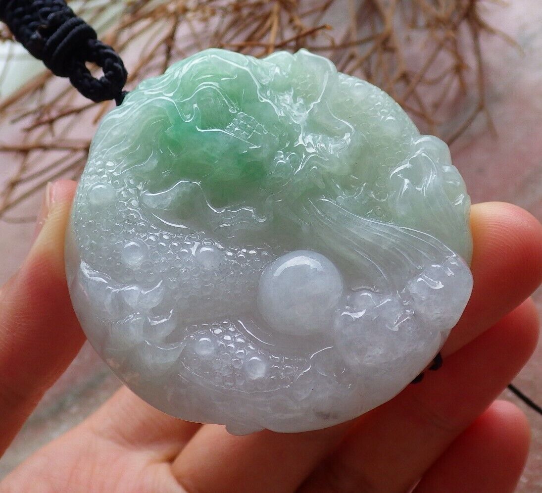 Certified Icy Green 100% Natural A Jade jadeite pendant Dragon Bead Ruyi Necklace 生意兴隆 525919  TN