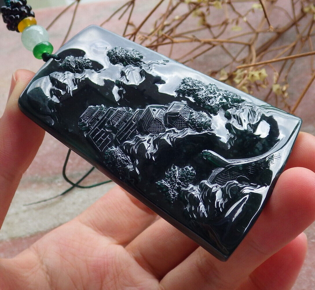 Atestita Glacia Blua Akvo Birmo 100% Natura A Jadejadeito Pendilo Pejzaĝa Pentrado Arba Koliero 山水画 634386 TN