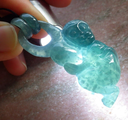Certified Icy Green Burma 100% Natural A Jade jadeite Pendant Monkey Peach W Ring 猴子 645763 TN