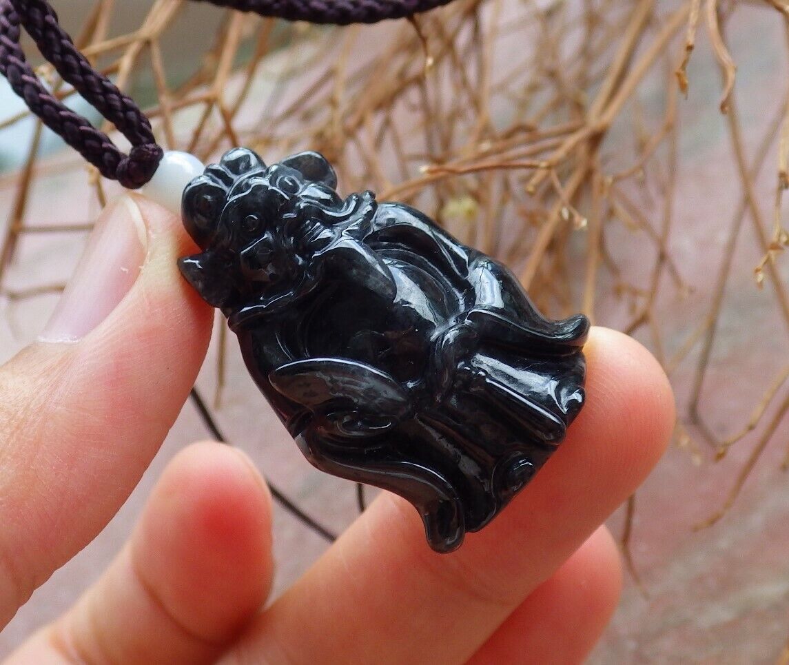 Certified Black Burma Natural A Jade jadeite pendant Zhong Kui God Fan 钟馗 526065  TN