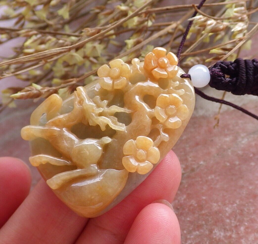 Certified Yellow Green Burma 100% Natural A Jade jadeite Pendant Deer Flower Necklace 梅花鹿 575073 TN