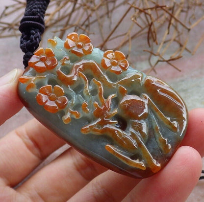 Certified Red Green 100% Natural A Jade jadeite Pendant Deer Flower Necklace 梅花鹿 529538   TN
