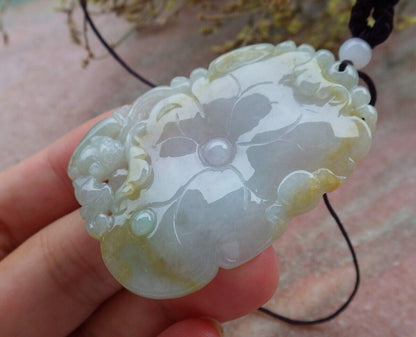 Certified Green Yellow Burma 100% Natural A Jade jadeite Pendant Bat Lotus Leaf Necklace 蝙蝠 575048 TN