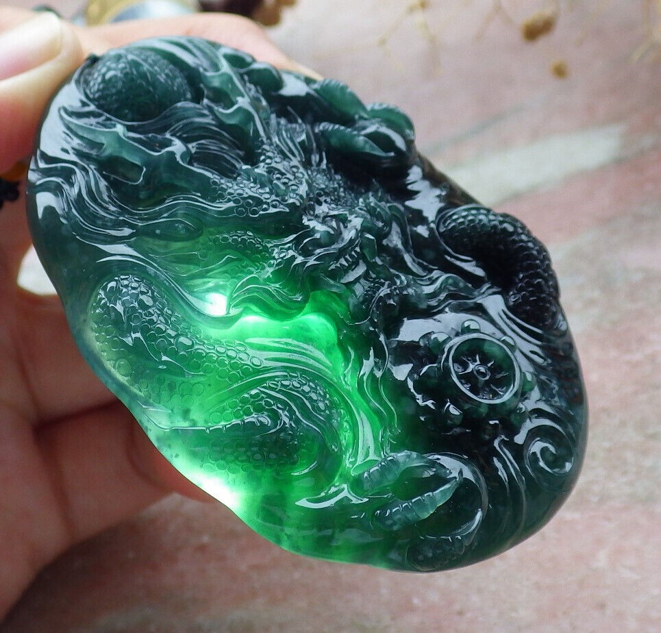 Certified Icy Green Burma 100% Natural A Jade jadeite Pendant Dragon Bead Necklace 生意兴隆 636353  TN