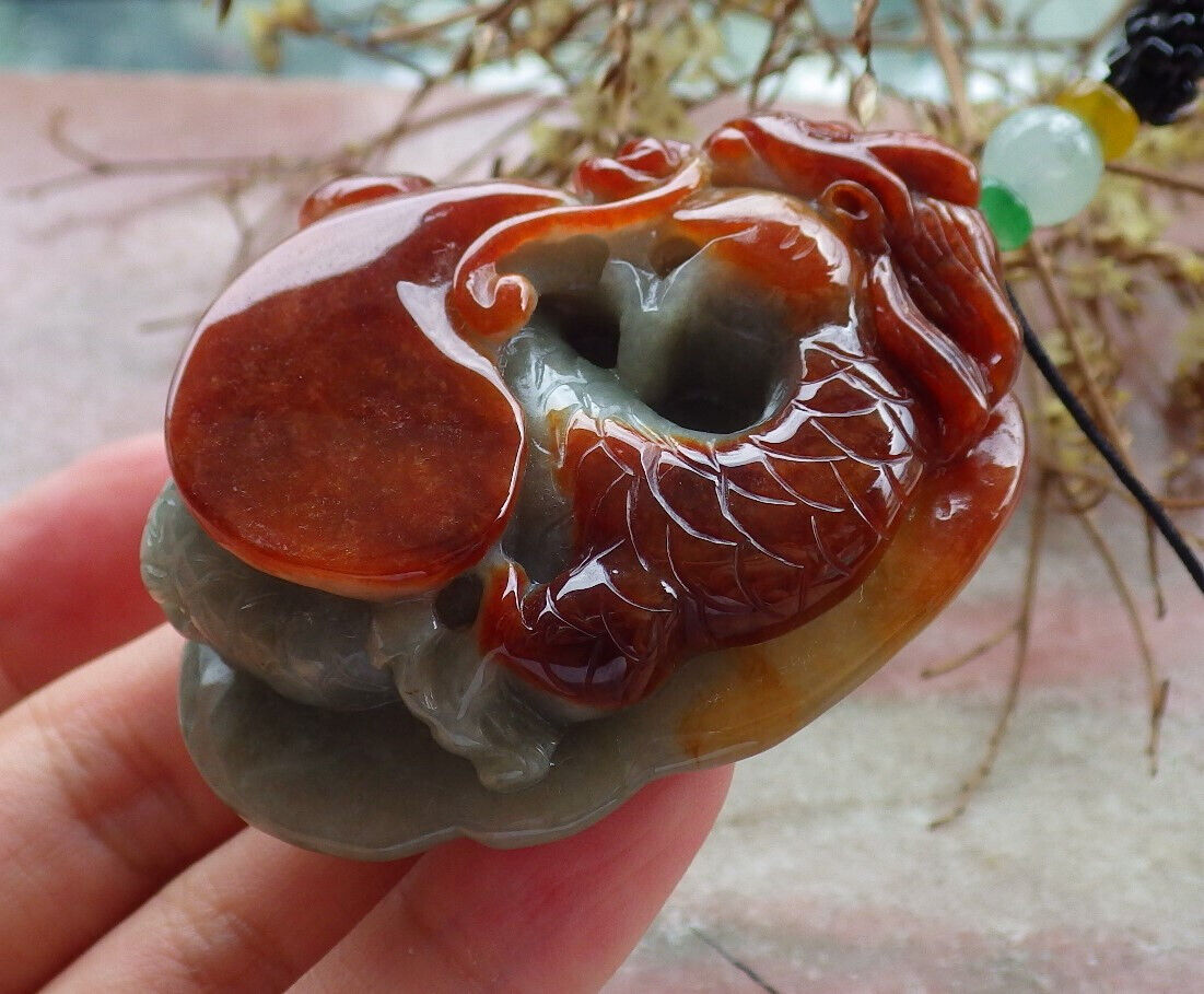 Certified Red Green Burma 100% Natural A Jade jadeite Pendant Dragon Ruyi Necklace 生意兴隆 632668  TN