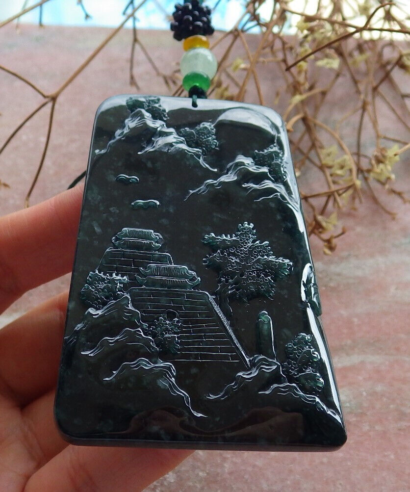 Atestita Glacia Blua Akvo Birmo 100% Natura A Jadejadeito Pendilo Pejzaĝa Pentrado Arba Koliero 山水画 634453 TN