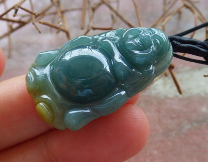Certified Icy Green Yellow 100% Natural A Jade jadeite pendant Happy Buddha God Necklace 开心佛 528847  TN