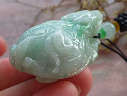 Certified Green Burma 100% Natural A Jade jadeite Pendant Dragon Turtle Snake Coin Necklace 龙龟 633018  TN