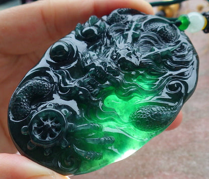 Certified Icy Blue Water Green Burma 100% Natural A Jade jadeite Pendant Dragon Bead Necklace 生意兴隆 636318  TN
