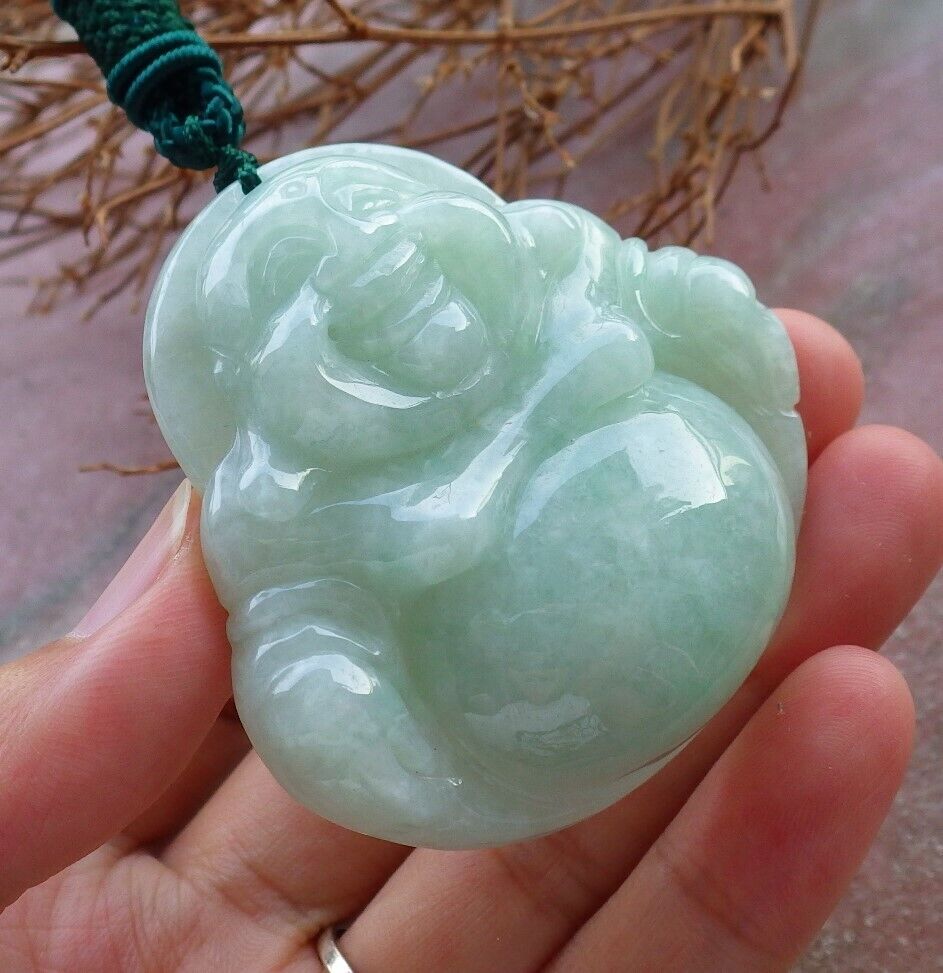 Certified Green Burma 100% Natural A Jade jadeite pendant Happy Buddha God Necklace 开心佛 525627  TN