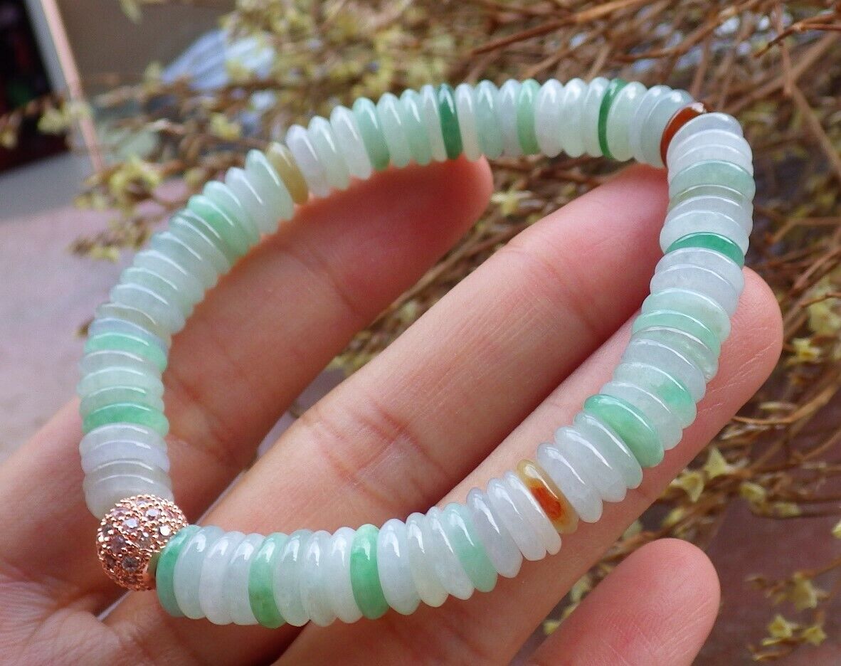Certified Yellow Green Pale Lavender 100% Natural A JADE Jadeite Bead Beads Bangle Circle Bead Beads Bangle Bracelet 平安扣手链 525208   TN