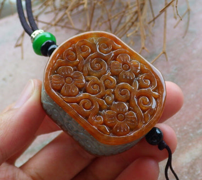 Certified Brown Red Green 100% Natural A Jade jadeite Pendant Flower Ruyi Rectangle Necklace 花平安牌 523664  TN