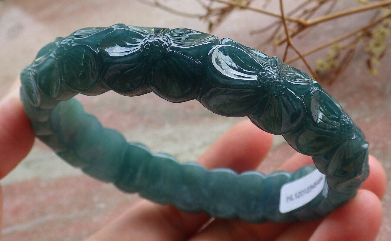 Certified Icy Blue Water Green Burma 100% Natural A JADE Jadeite Flower Bangle Bracelet 64 mm 635331  TN