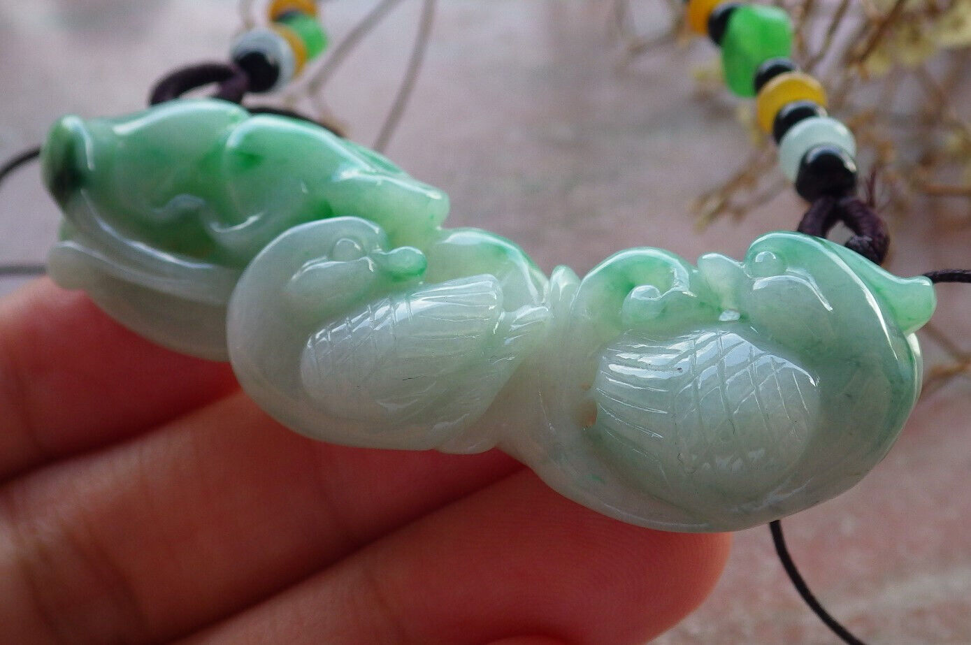 Certified Green Burma 100% Natural A Jade jadeite pendant Mandarin Duck Lotus Leaf Coin Necklace 634051  TN