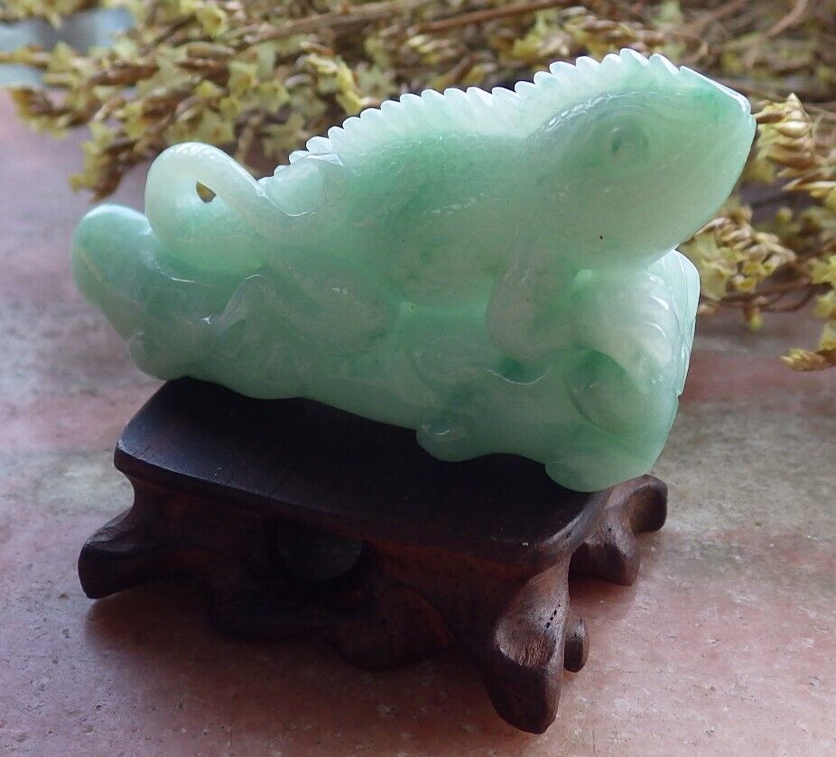 Certified Green 100% Natural A Jade jadeite Display Dragon Lizard Tree 龙蜥蜴 524125  TN