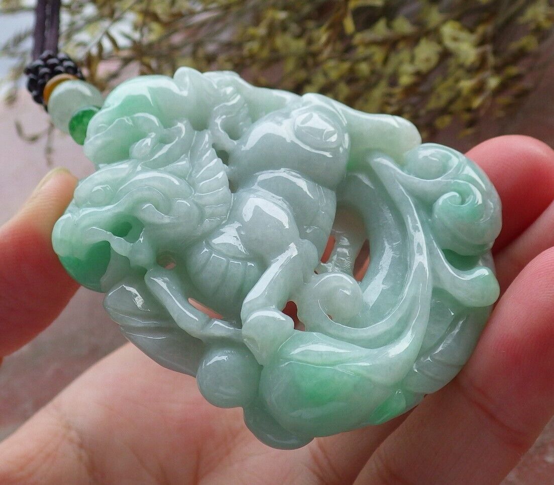 Certified Green Burma 100% Natural A Jade jadeite Pendant Dragon Kai Lun Frog Toad Necklace 574011 TN