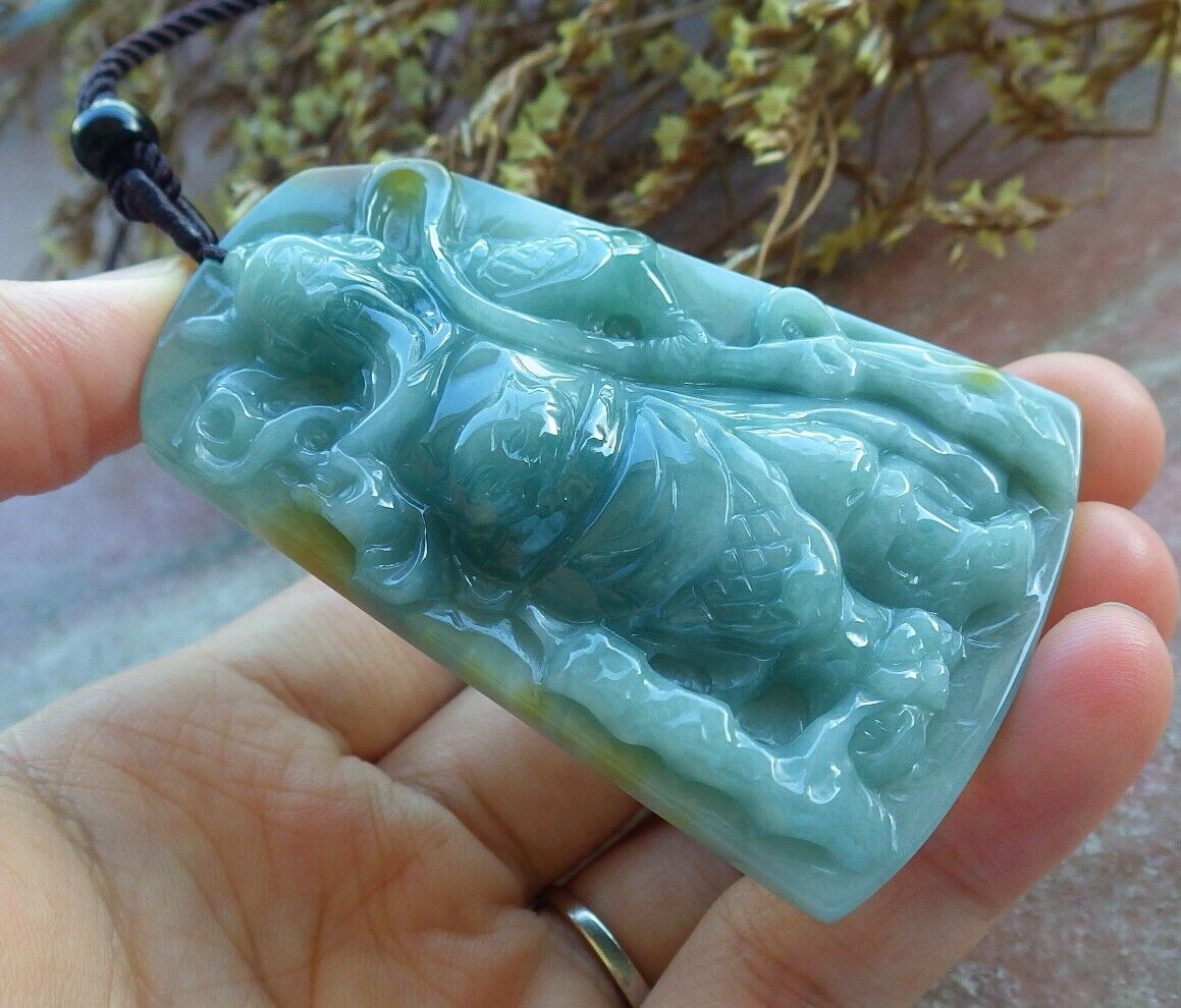 Certified Green Yellow 100% Natural A Jade jadeite pendant Guan Gong God Sword Necklace 关公 529823  TN