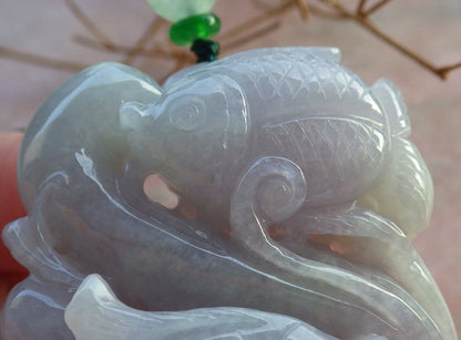 Certified Lavender Green Burma 100% Natural A Jade jadeite Pendant Fish Yuan Bao Necklace 年年有余 634285  TN