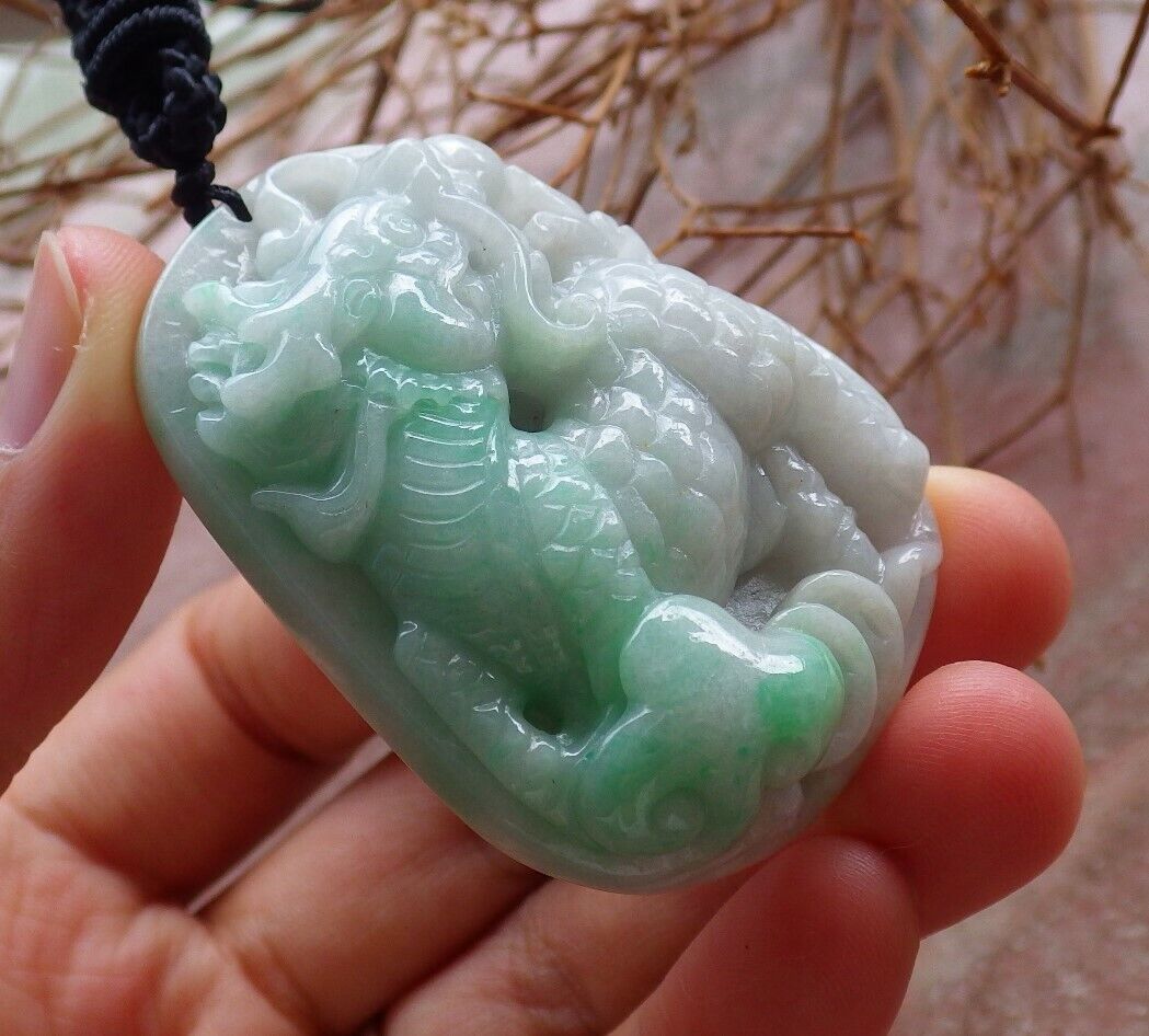 Certified Green 100% Natural A Jade jadeite pendant Dragon Kai Lun Ruyi Coin Necklace 龙 麒麟 525954  TN