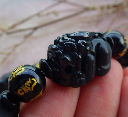 Certified Green Black Burma 100% Natural A JADE Jadeite Bead Beads Bangle Dragon Pi Xiu Coin Bracelet 墨翠风水貔貅手链 565180 TN