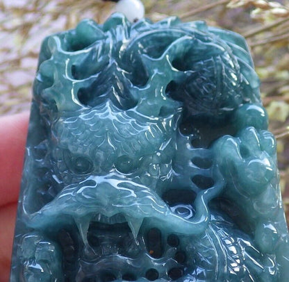 Certified Icy Green Burma 100% Natural A Jade jadeite Pendant Dragon Bead 生意兴隆 574895 TN