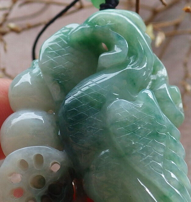 Certified Green Burma 100% Natural A Jade jadeite Pendant Phoenix Ruyi Coin Necklace 凤凰 635433  AS