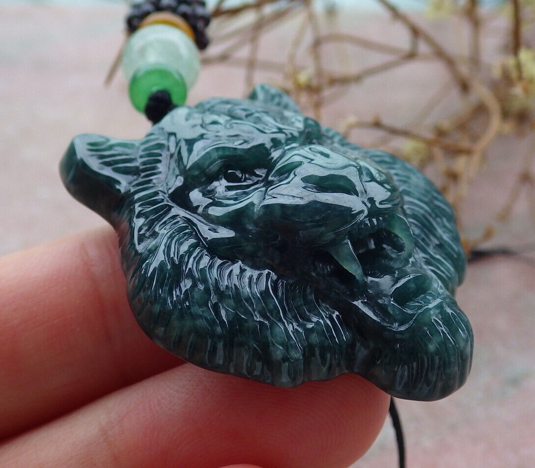 Certified Icy Blue Water Burma 100% Natural A Jade jadeite Pendant Tiger Head Necklace 虎虎生威 635303  TN