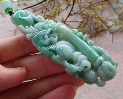 ertified Green Burma 100% Natural A Jade jadeite Pendant Dragon Pen Lotus Flower Necklace 生意兴隆 632975  TN