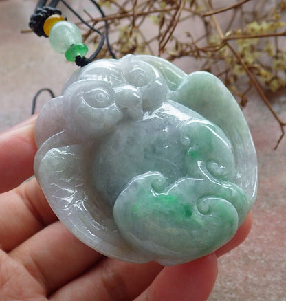 Certified Green Burma 100% Natural A Jade jadeite Pendant Owl Ruyi Coin Necklace 猫头鹰 633414  TN