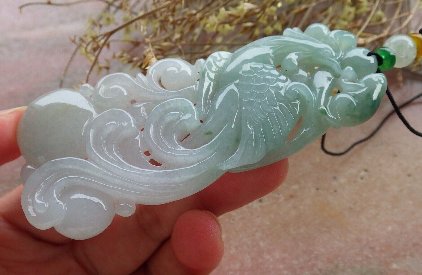 Certified Icy Green Burma 100% Natural A Jade jadeite Pendant Phoenix Frog Toad Ruyi Necklace 凤凰 575148 TN