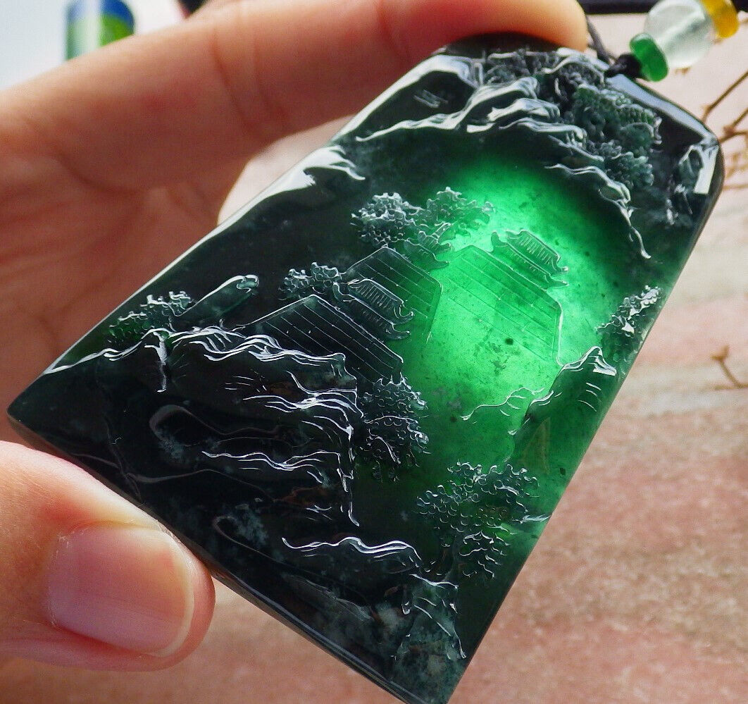 Certified Icy Blue Water Green Burma 100% Natural A Jade jadeite Landscape painting Tree Necklace 山水画 634014  TN