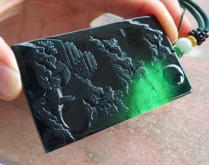 Atestita Glacia Blua Akvo Birmo 100% Natura A Jadejadeito Pendanta Pejzaĝa Pentrado Arba Koliero 山水画 634473 TN