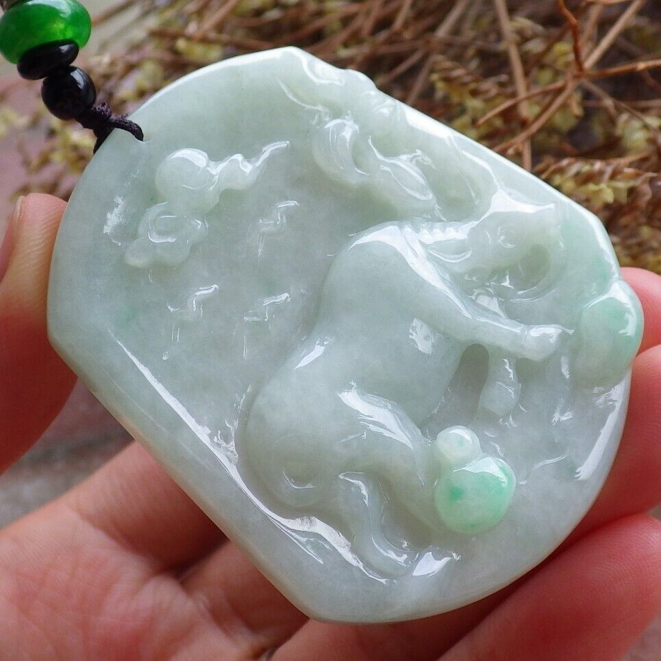 Certified Green Burma 100% Natural A Jade jadeite pendant Cow Ox Bead Necklace 风水牛 524673  TN