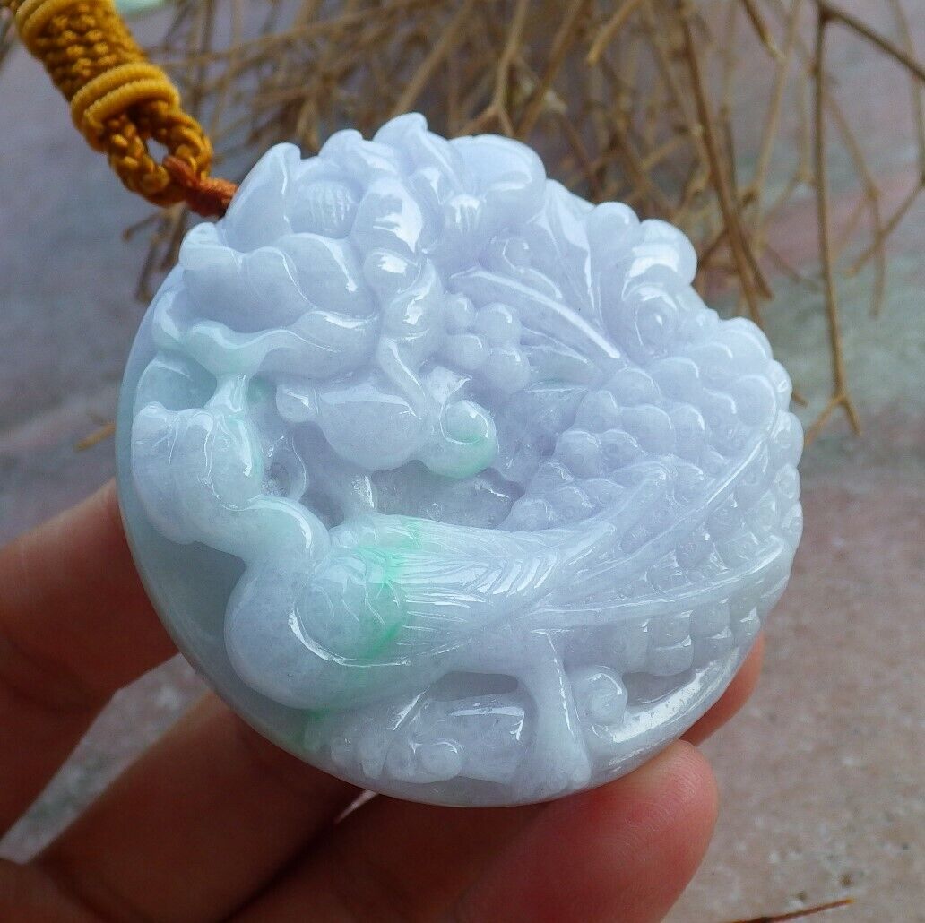 Certified Green Pale Lavender 100% Natural A Jade jadeite Pendant Phoenix Bird Flower Necklace 鸟语花香 521055  TN