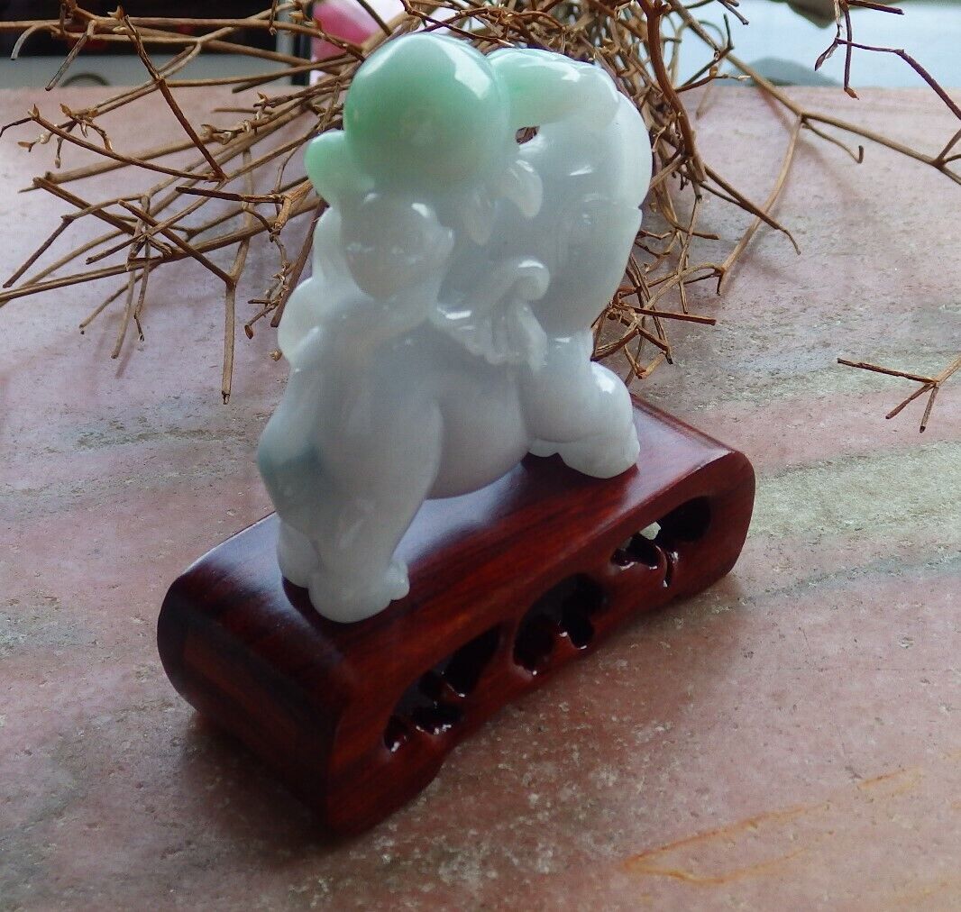Certified Green Pale Lavender 100% Natural A Jade jadeite Display Elephant Monkey Peach 封侯拜相 528499  TN** Include woodstand **