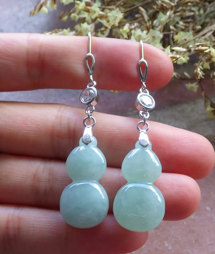 Certified Icy Green Sterling Silver 0.925 Natural A Jade jadeite Gourd Earrings Earring Dangle 耳环 524289  TN