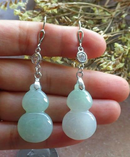 Certified Icy Green Sterling Silver 0.925 Natural A Jade jadeite Gourd Earrings Earring Dangle 耳环 524317  TN