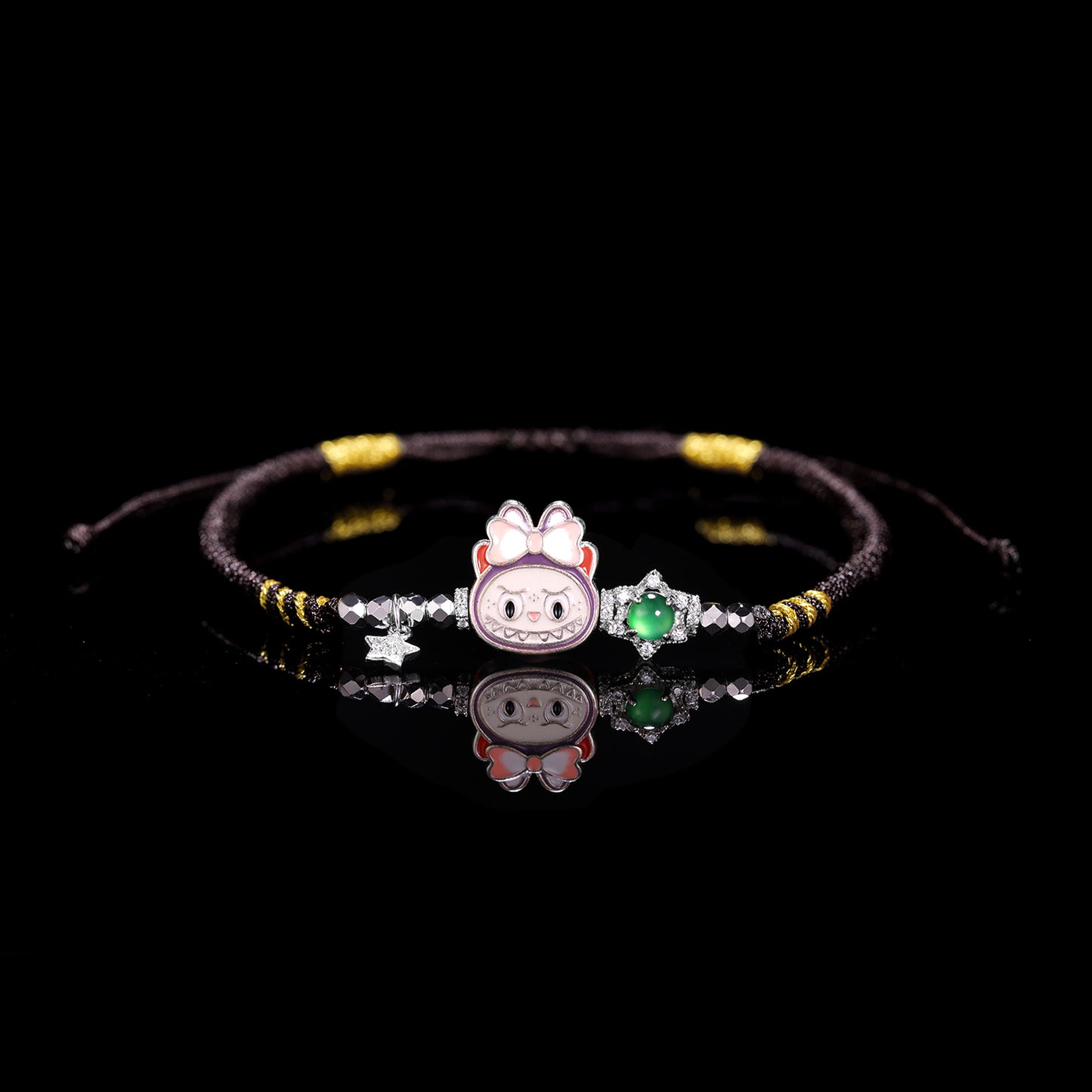 S925 Silver labubu with Natural jade hand woven rope（Adjustable length）