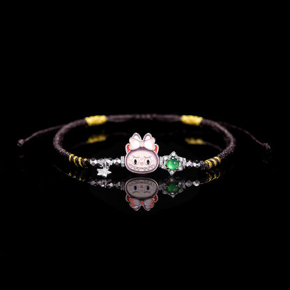 S925 Silver labubu with Natural jade hand woven rope（Adjustable length）