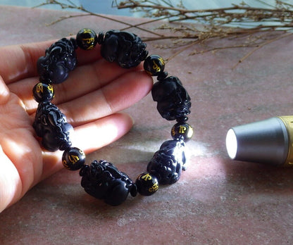 Certified Green Black Burma 100% Natural A JADE Jadeite Bead Beads Bangle Dragon Pi Xiu Coin Bracelet 墨翠风水貔貅手链 565180 TN