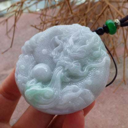 Certified Green 100% Natural A Jade jadeite pendant Dragon Lotus Flower Ruyi Bead Necklace 生意兴隆 520810  TN