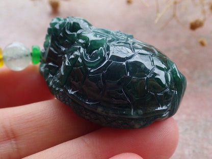 Certified Icy Green Burma 100% Natural A Jade jadeite Pendant Dragon Turtle Money Coin Necklace 龙龟 636081  TN