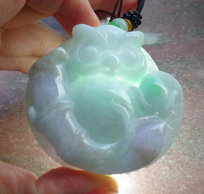 Certified Green Pale Lavender Burma 100% Natural A Jade jadeite Pendant Owl Lotus Flower Necklace 猫头鹰 632920  TN