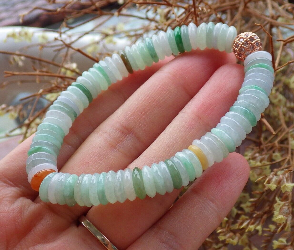 Certified Yellow Green Pale Lavender 100% Natural A JADE Jadeite Bead Beads Bangle Circle Bead Beads Bangle Bracelet 平安扣手链 524993  TN