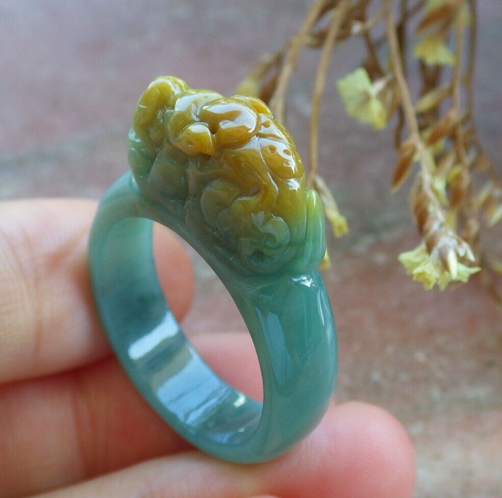 Certified Yellow Green 100% Natural A JADE Jadeite Dragon Pi Xiu RING USA. 9 戒指 529757  TN