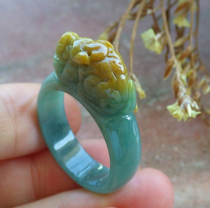 Certified Yellow Green 100% Natural A JADE Jadeite Dragon Pi Xiu RING USA. 9 戒指 529757  TN