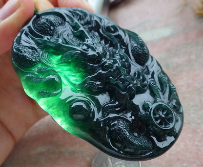 Certified Icy Blue Water Green Burma 100% Natural A Jade jadeite Pendant Dragon Bead Necklace 生意兴隆 636318  TN