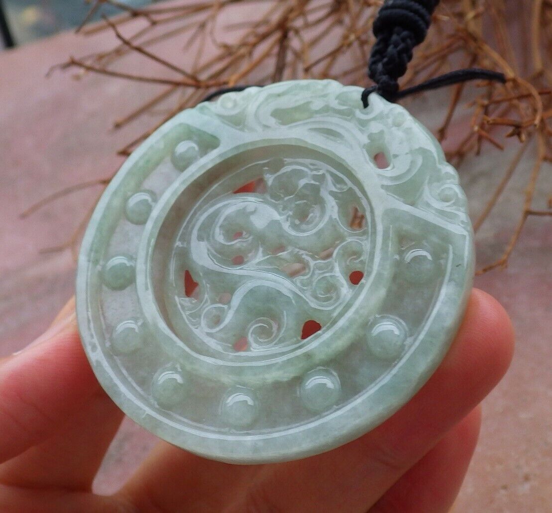 Certified Green 100% Natural A Jade jadeite pendant Dragon Circle Necklace 生意兴隆 528221  TN