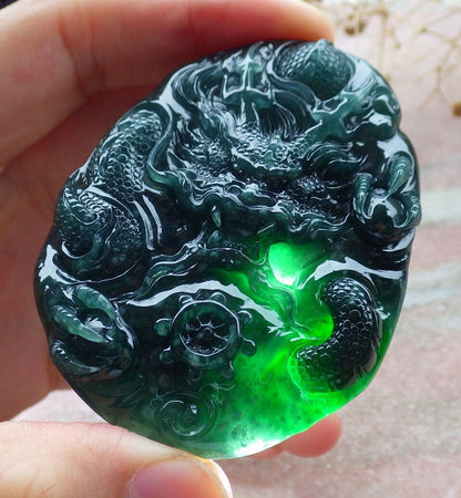 Certified Icy Green Burma 100% Natural A Jade jadeite Pendant Dragon Bead Necklace 生意兴隆 636353  TN